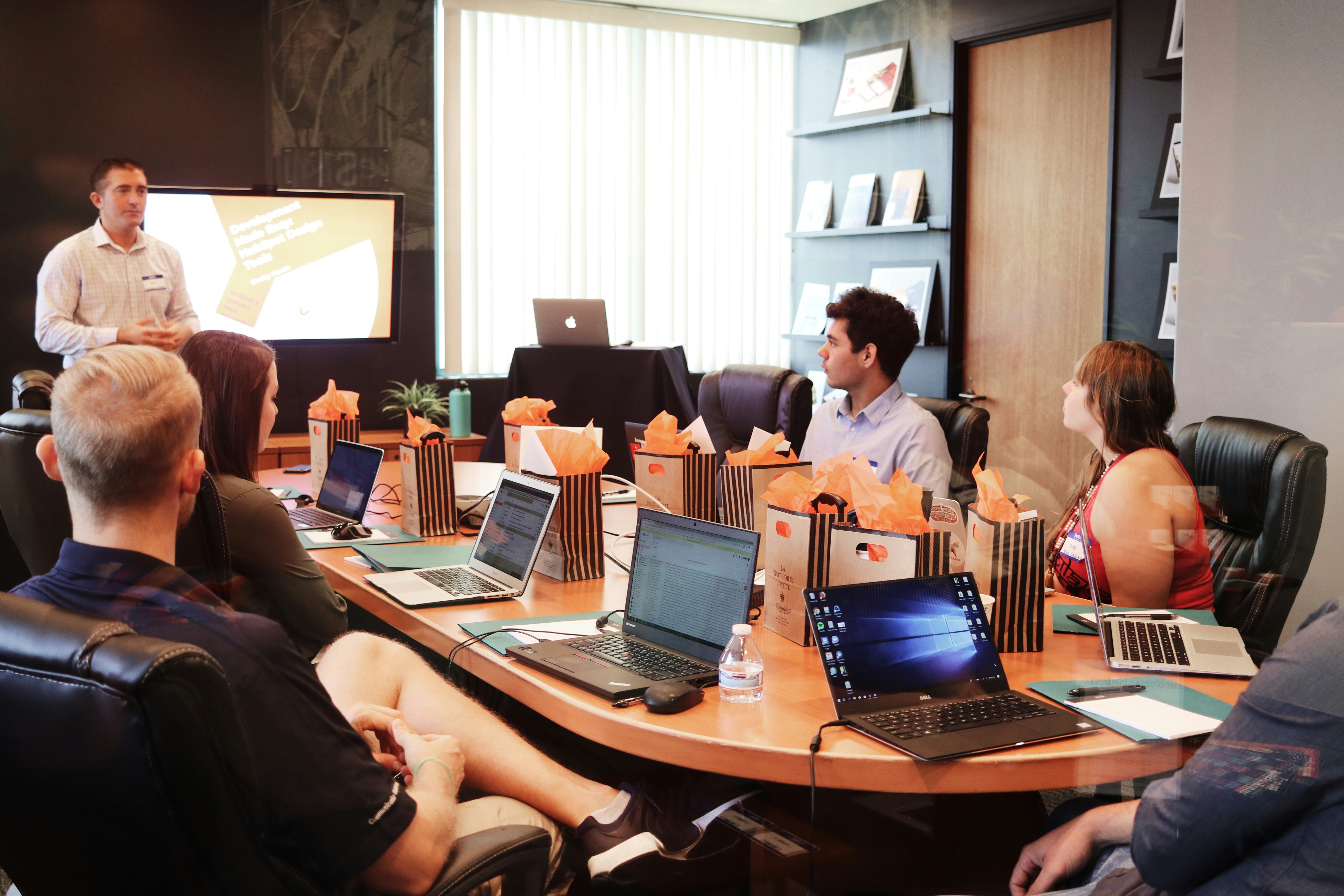 Business professionals discussing automation strategy